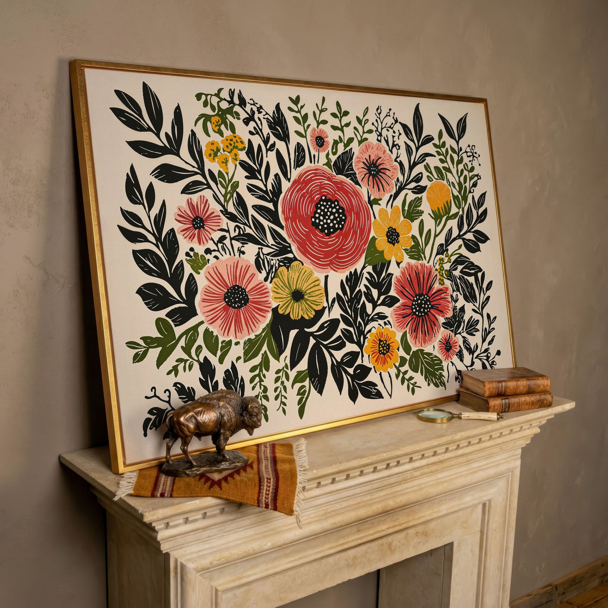 Extra-Large Abstract Floral Canvas for Spring Decor in rose gold floating frame