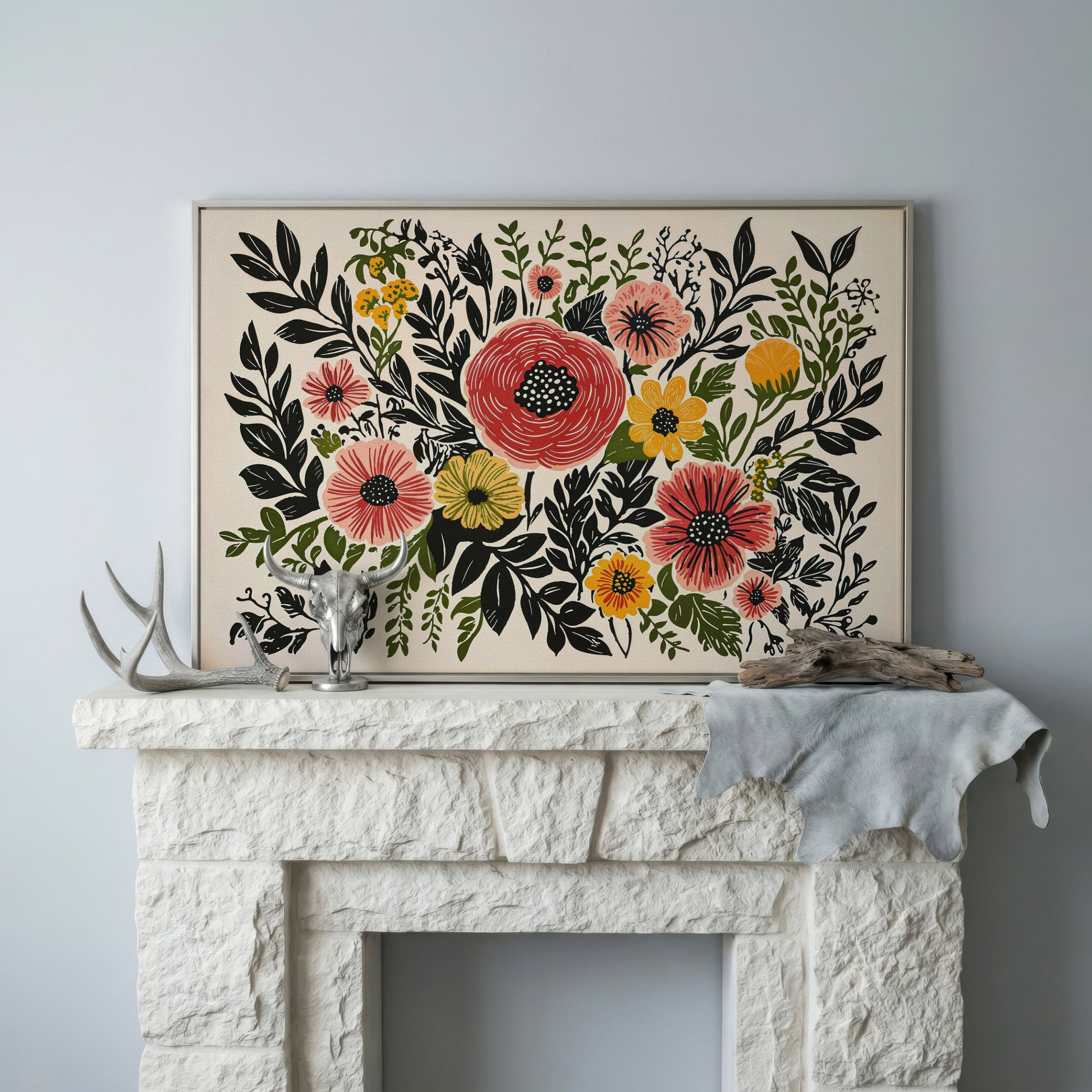 Extra-Large Abstract Floral Canvas for Spring Decor in silver floating frame