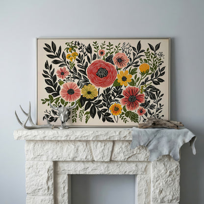 Extra-Large Abstract Floral Canvas for Spring Decor in silver floating frame