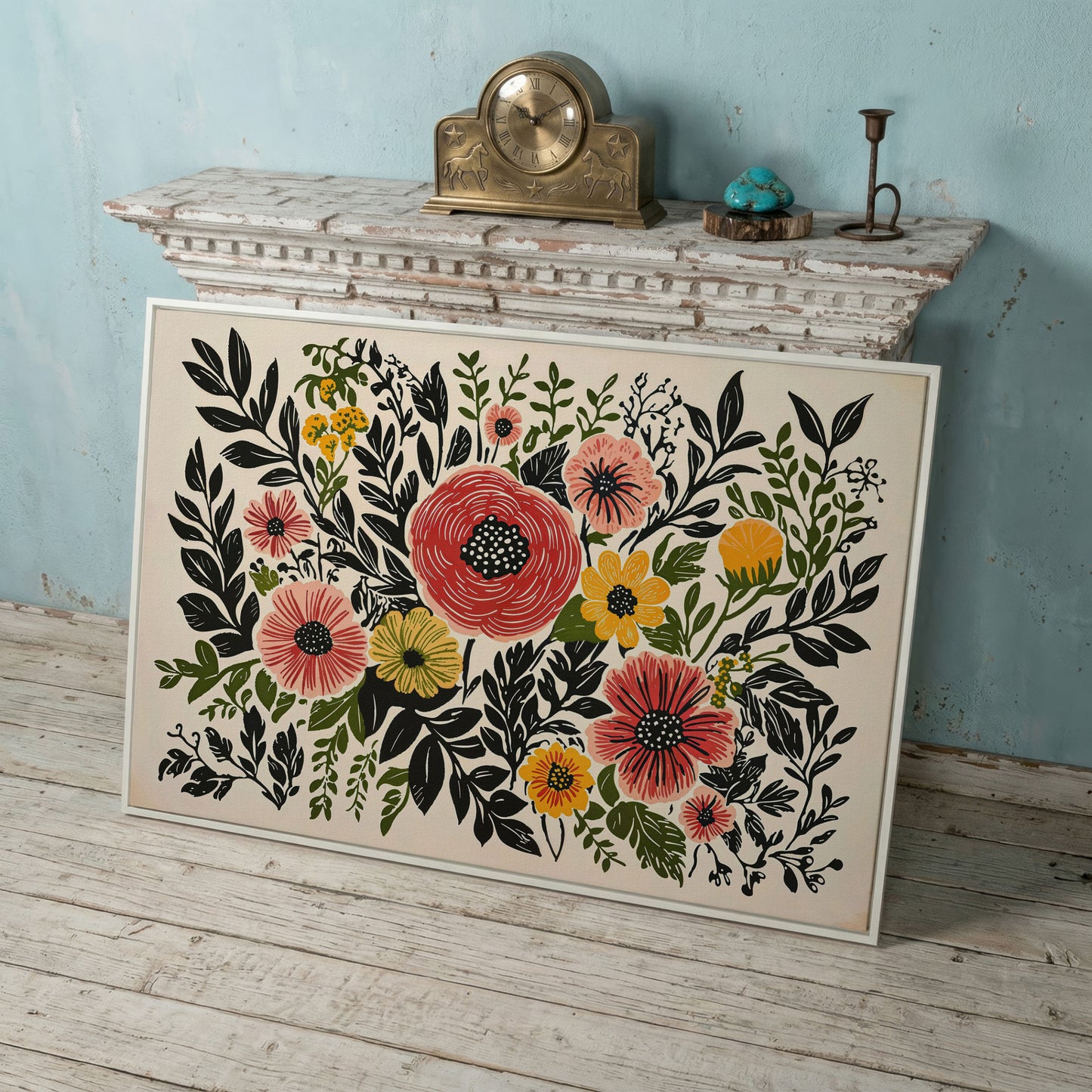 Extra-Large Abstract Floral Canvas for Spring Decor in white floating frame