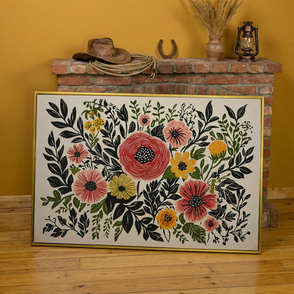 Extra-Large Abstract Floral Canvas for Spring Decor in yellow gold floating frame
