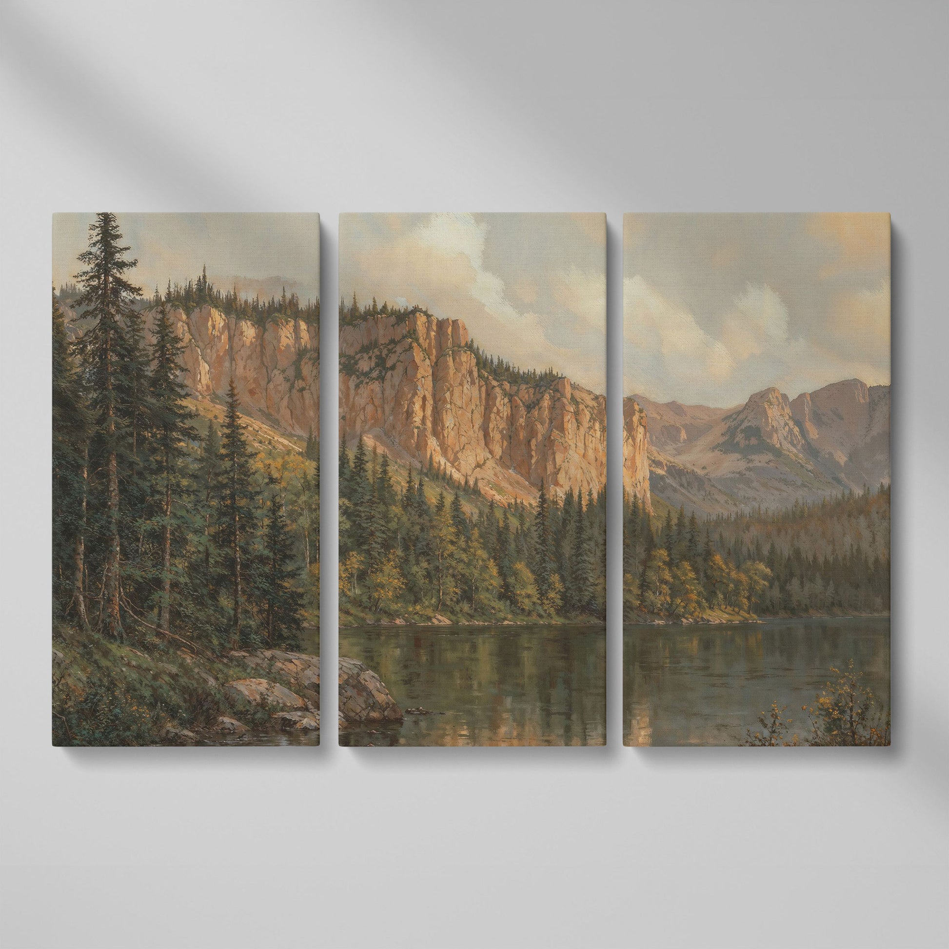 Mountain Lake & Pine Forest Canvas Print as 3-panel split version
