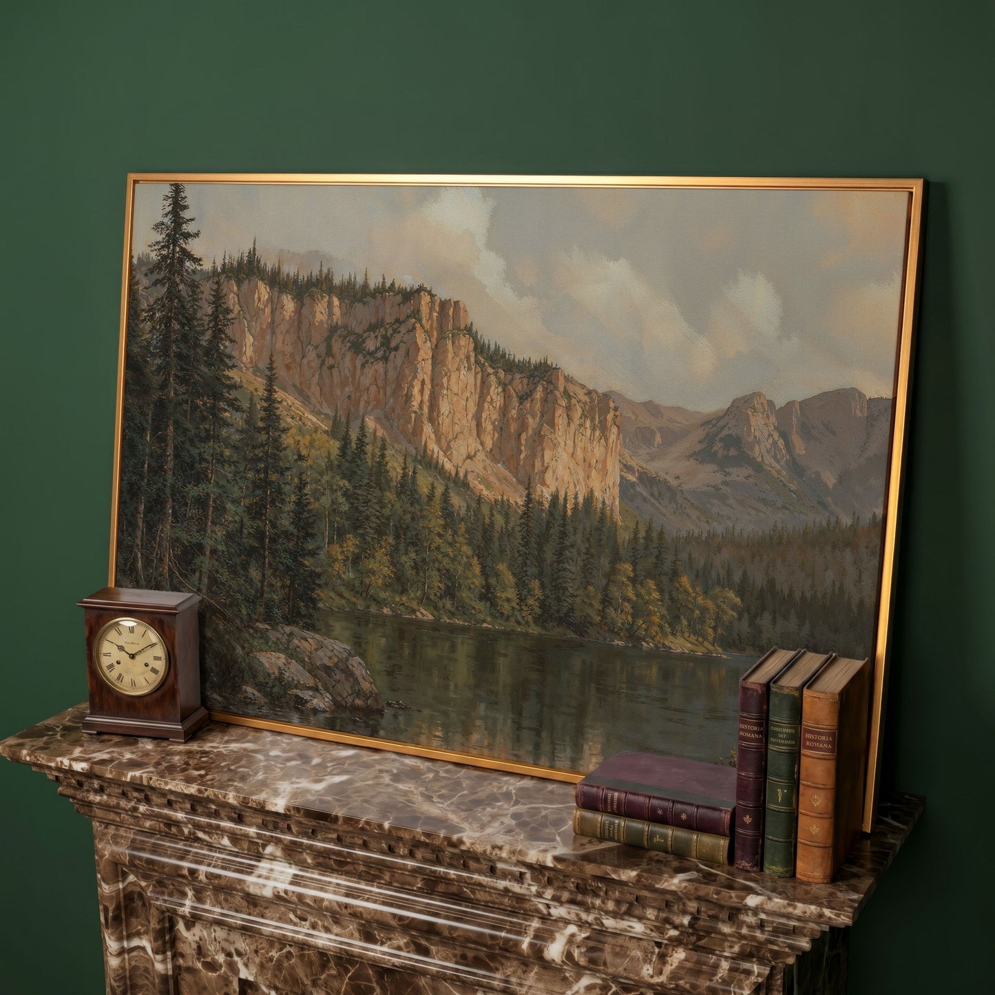 Mountain Lake & Pine Forest Canvas Print in antique gold floating frame