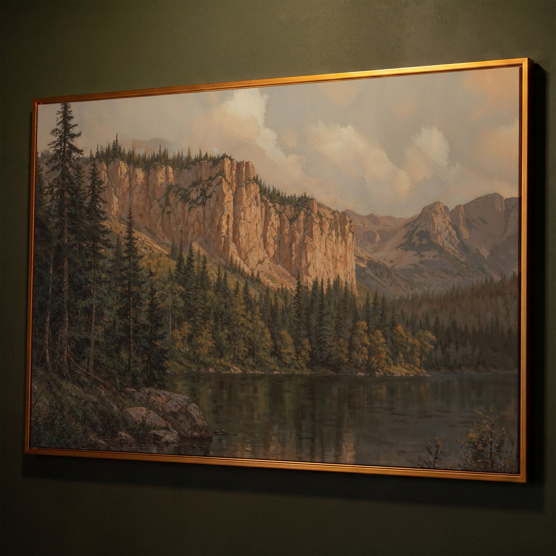 Mountain Lake & Pine Forest Canvas Print shown in antique gold floating frame