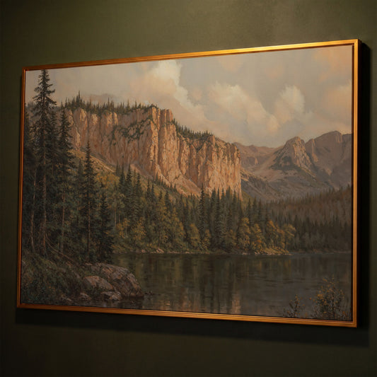 Mountain Lake & Pine Forest Canvas Print shown in antique gold floating frame