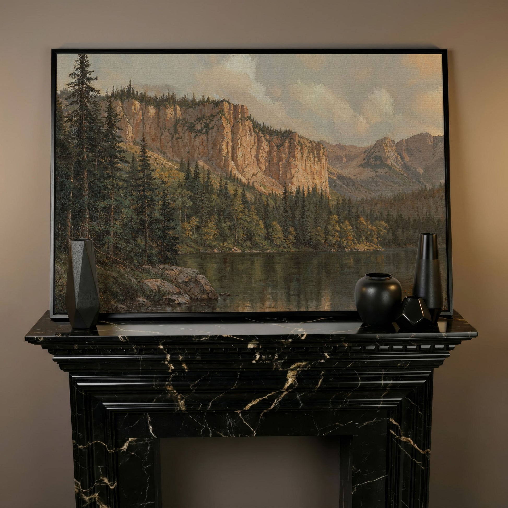 Mountain Lake & Pine Forest Canvas Print in black floating frame
