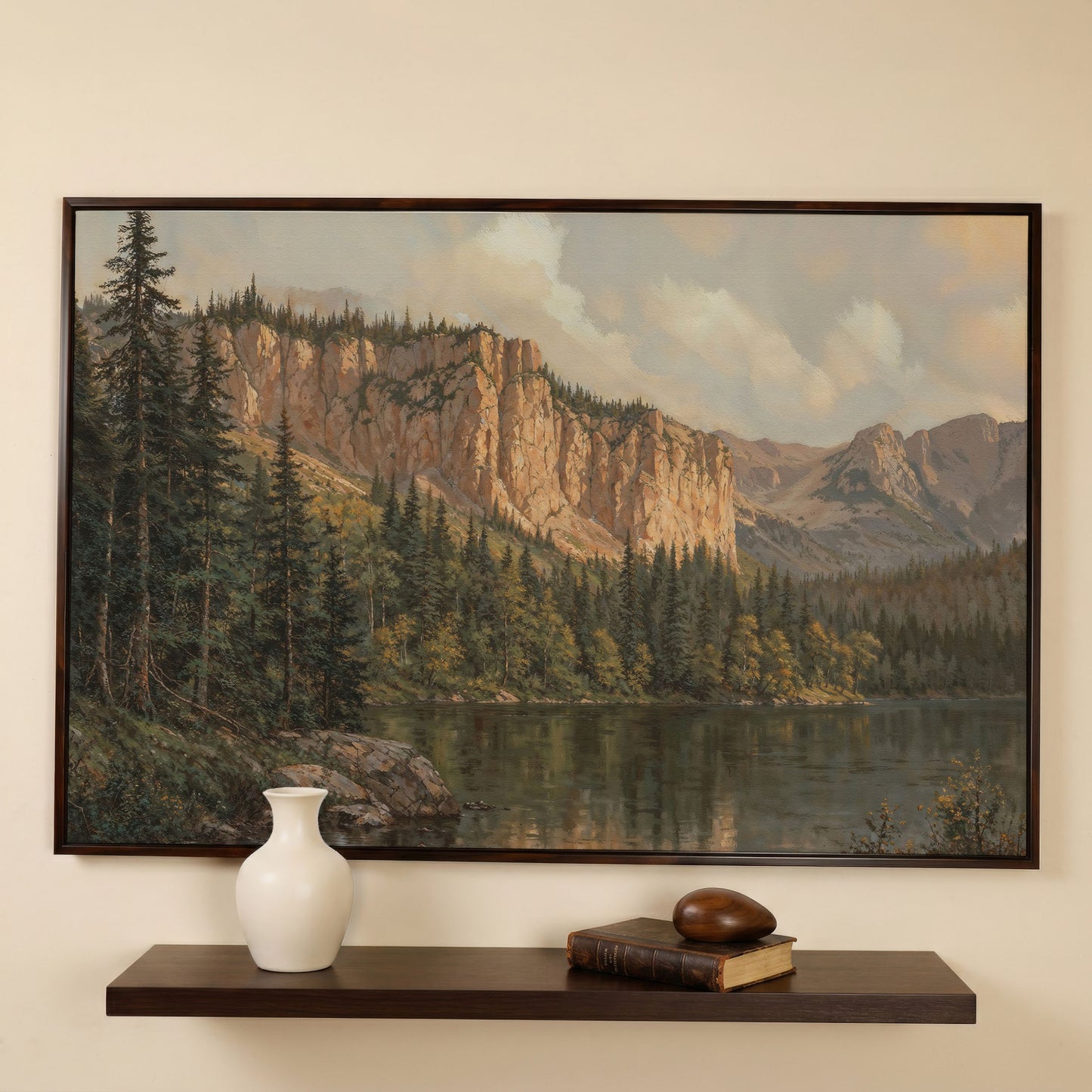 Mountain Lake & Pine Forest Canvas Print in dark walnut floating frame