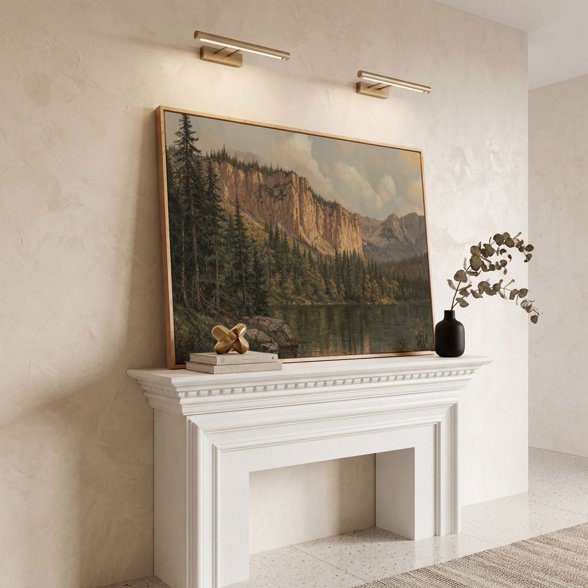 Mountain Lake & Pine Forest Canvas Print in white oak floating frame