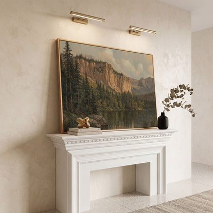 Mountain Lake & Pine Forest Canvas Print in white oak floating frame