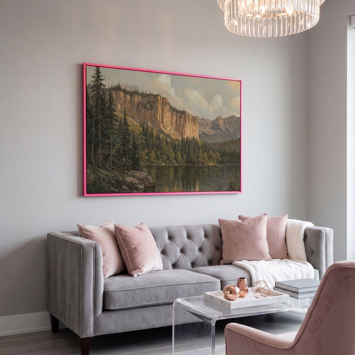 Mountain Lake & Pine Forest Canvas Print in pink floating frame
