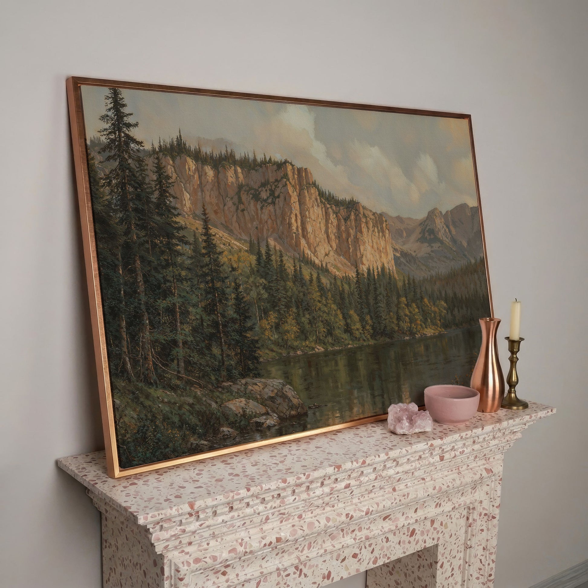 Mountain Lake & Pine Forest Canvas Print in rose gold floating frame