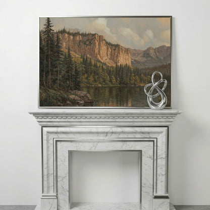 Mountain Lake & Pine Forest Canvas Print in silver floating frame