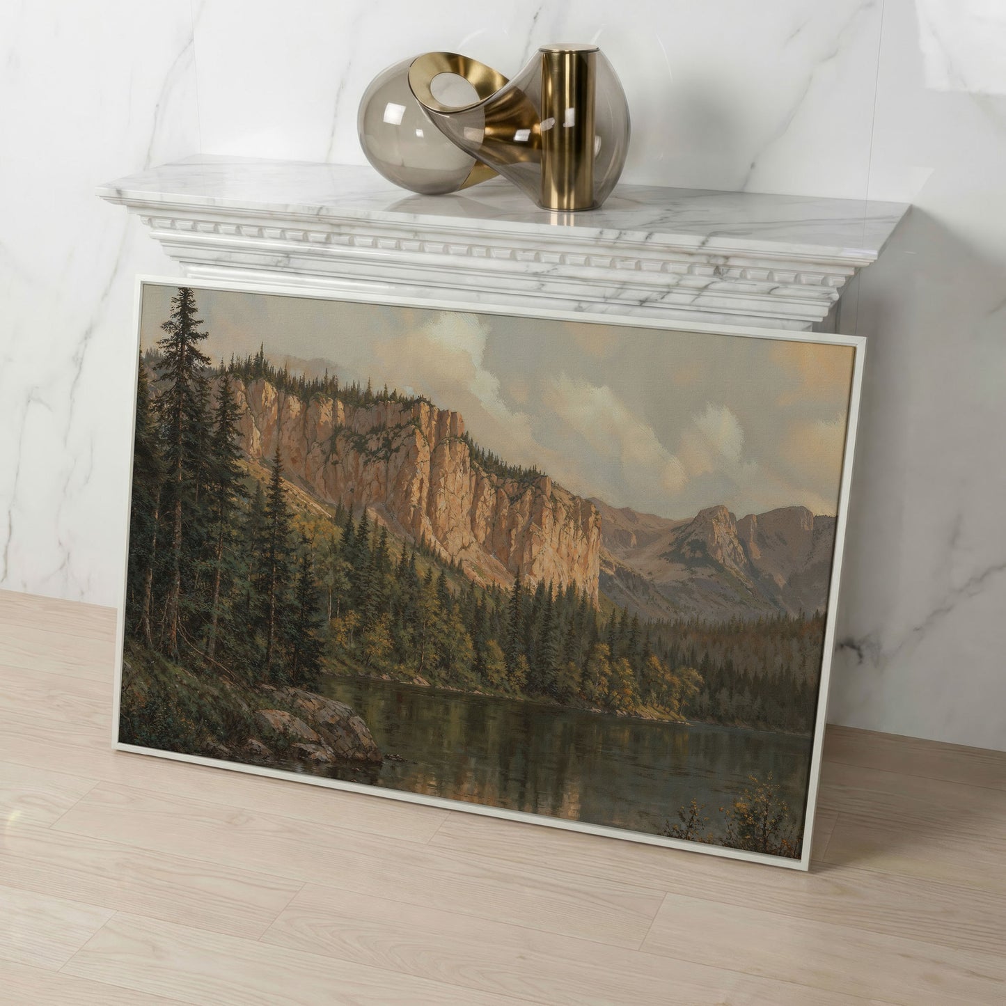 Mountain Lake & Pine Forest Canvas Print in white floating frame