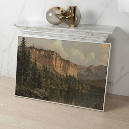 Mountain Lake & Pine Forest Canvas Print in white floating frame