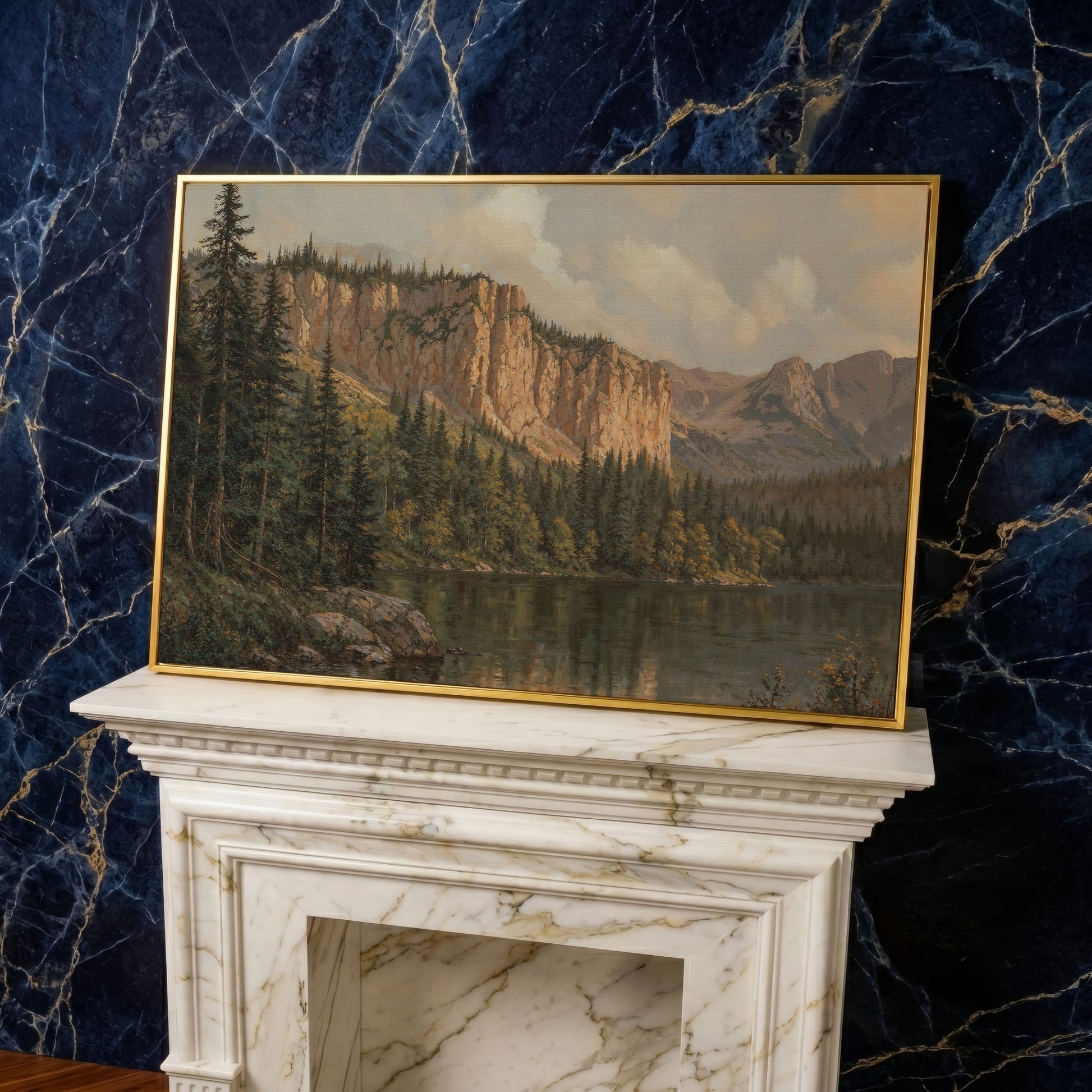 Mountain Lake & Pine Forest Canvas Print in yellow gold floating frame