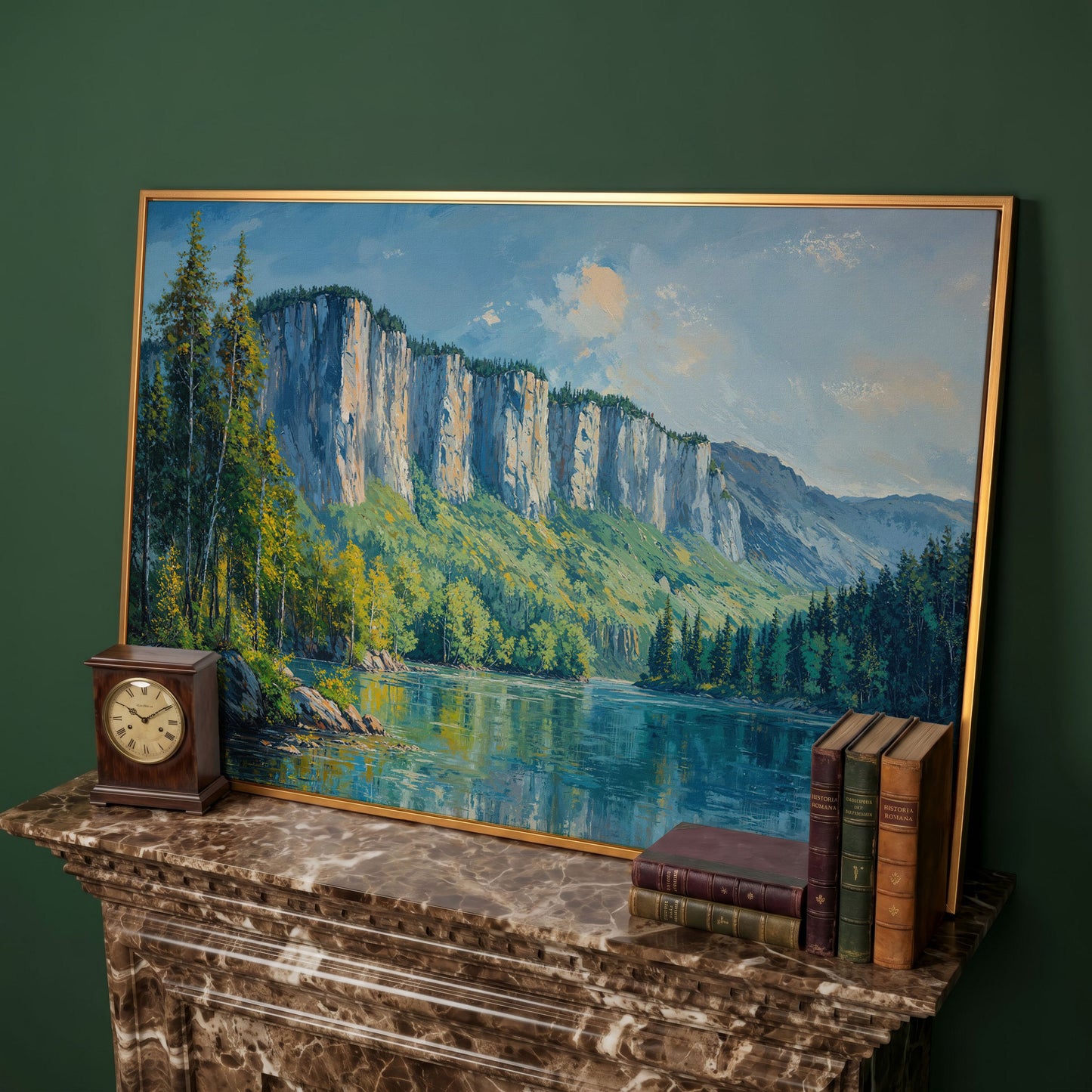 Panoramic Forest with Mountain Cliff Canvas in antique gold floating frame