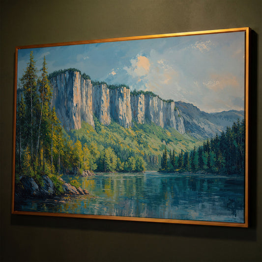Panoramic Forest with Mountain Cliff Canvas shown in antique gold floating frame