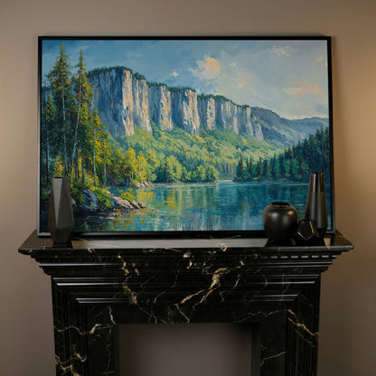 Panoramic Forest with Mountain Cliff Canvas in black floating frame