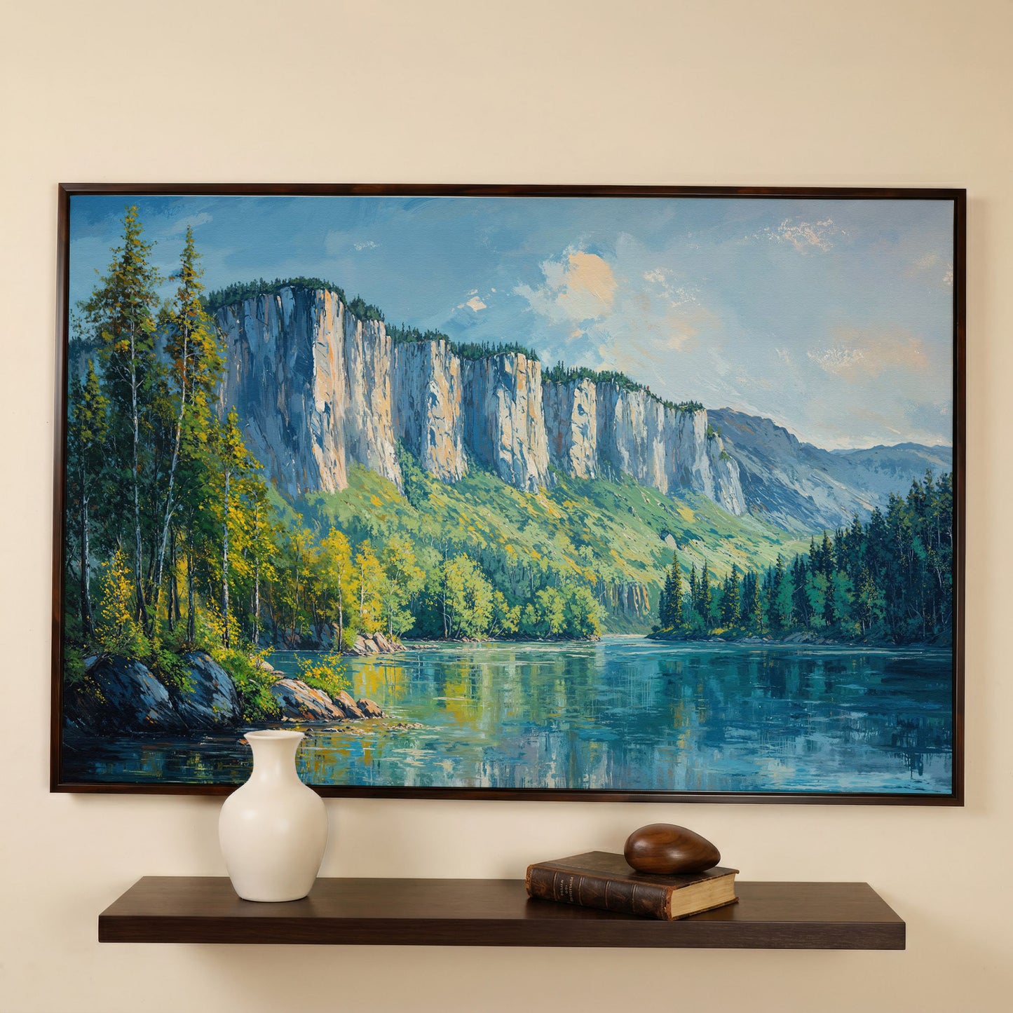Panoramic Forest with Mountain Cliff Canvas in dark walnut floating frame