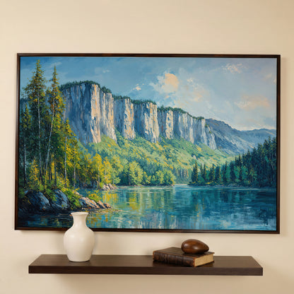 Panoramic Forest with Mountain Cliff Canvas in dark walnut floating frame