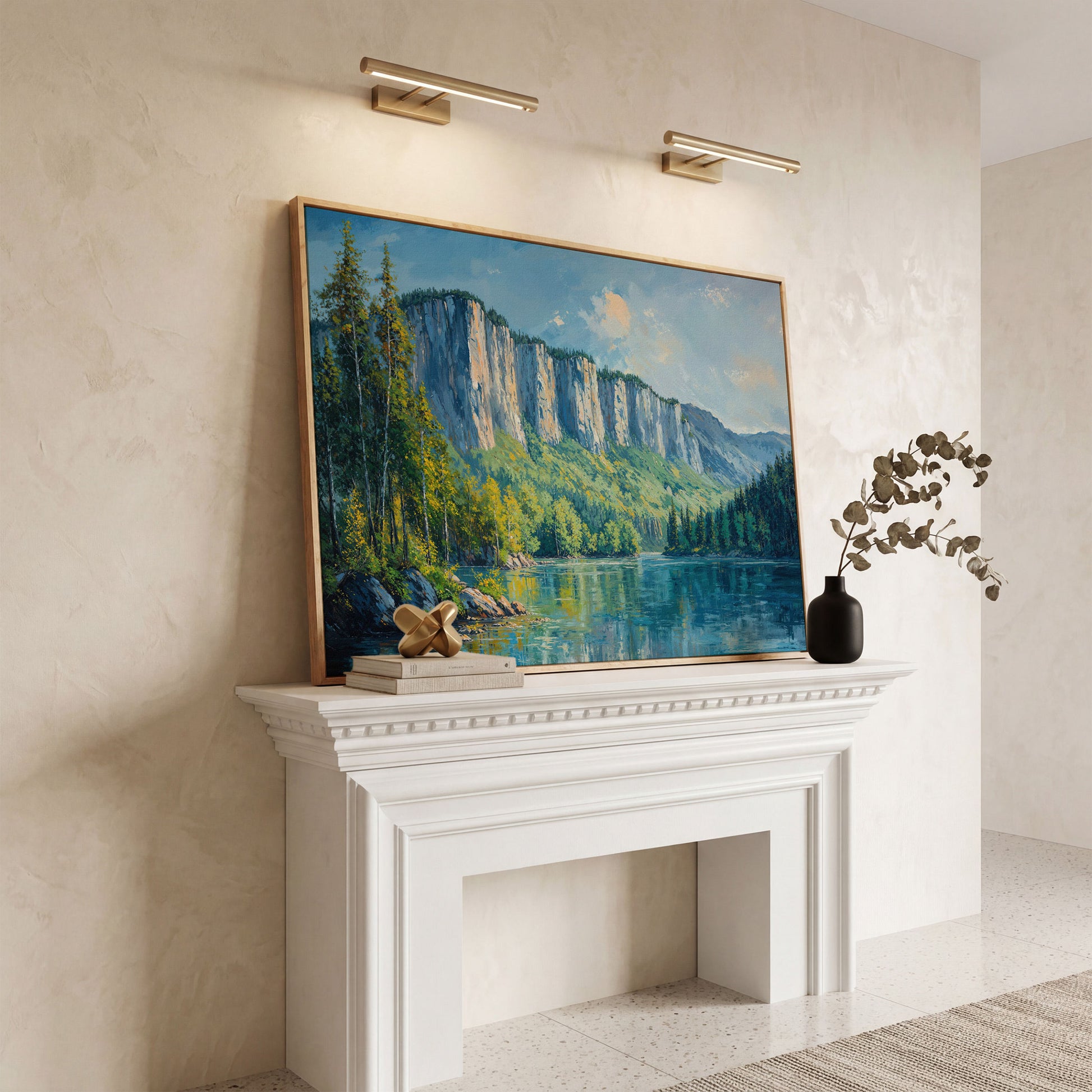 Panoramic Forest with Mountain Cliff Canvas in white oak floating frame