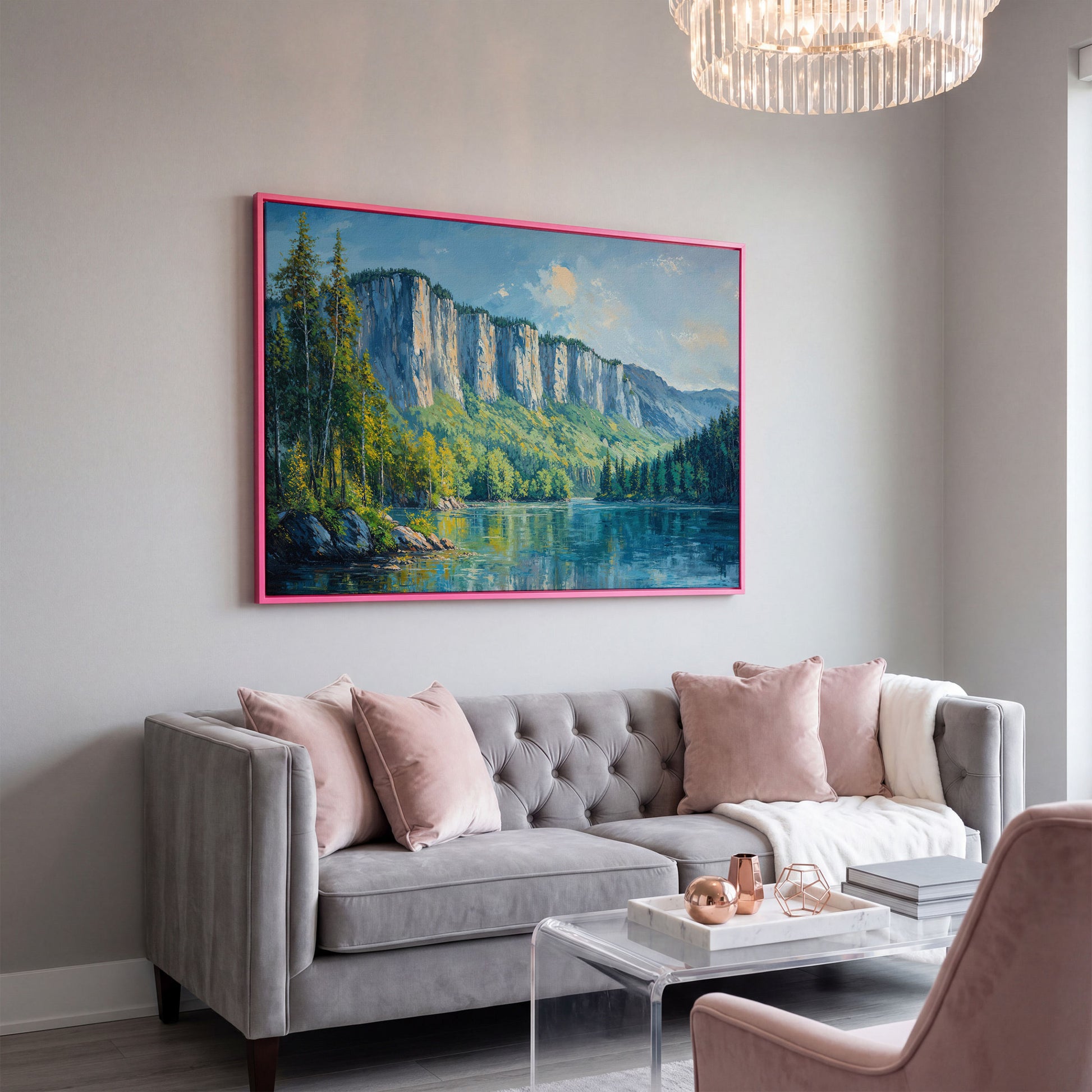 Panoramic Forest with Mountain Cliff Canvas in pink floating frame