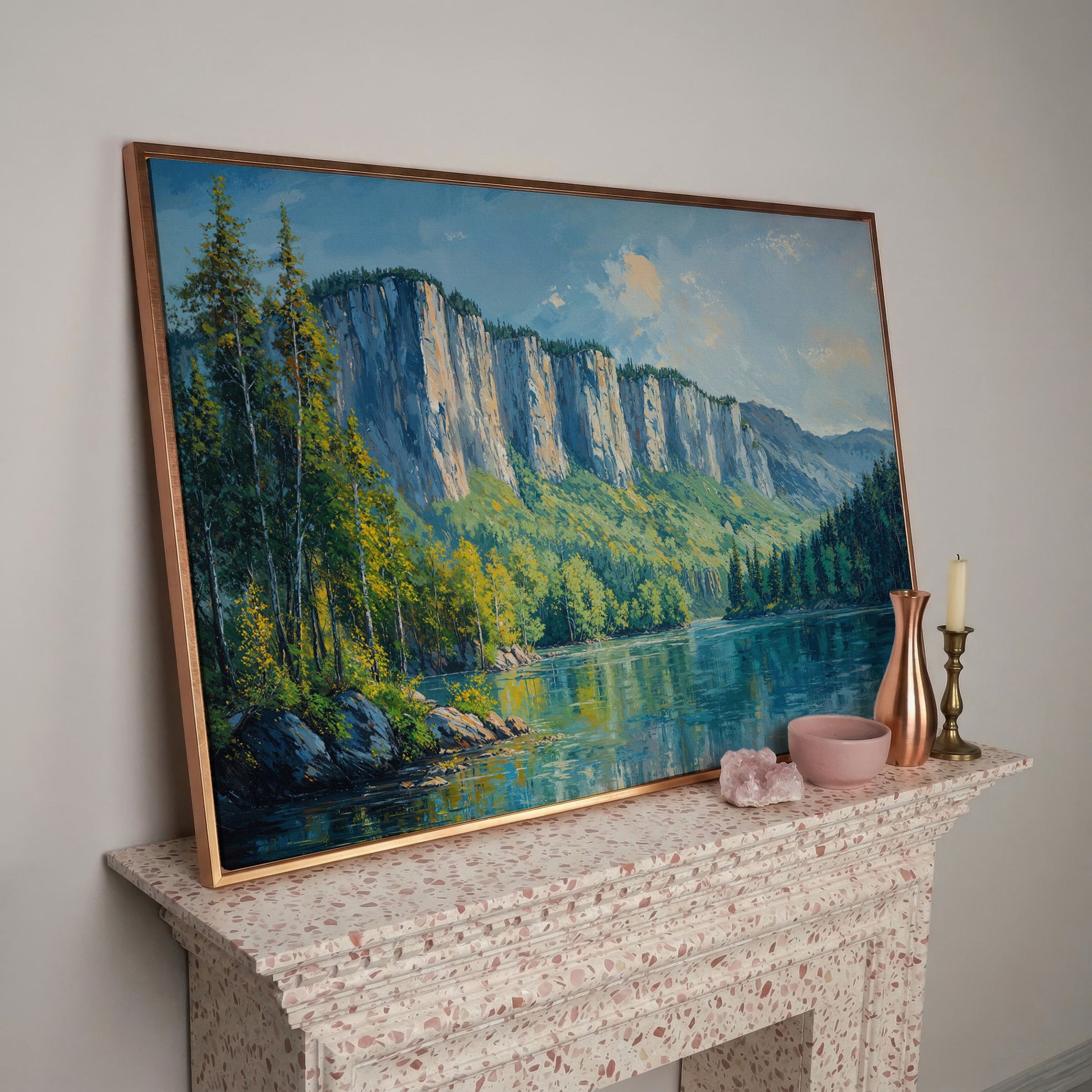 Panoramic Forest with Mountain Cliff Canvas in rose gold floating frame