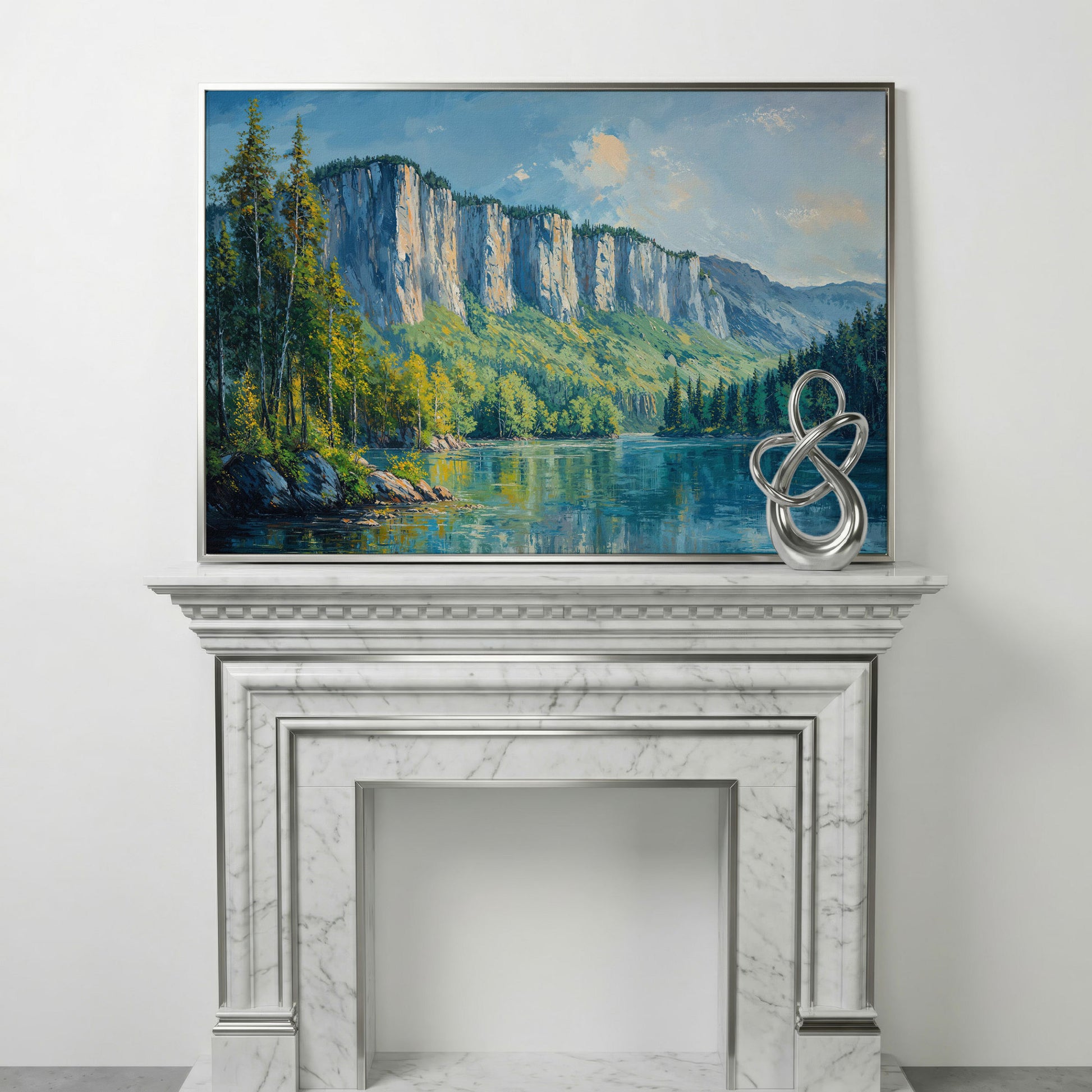 Panoramic Forest with Mountain Cliff Canvas in silver floating frame