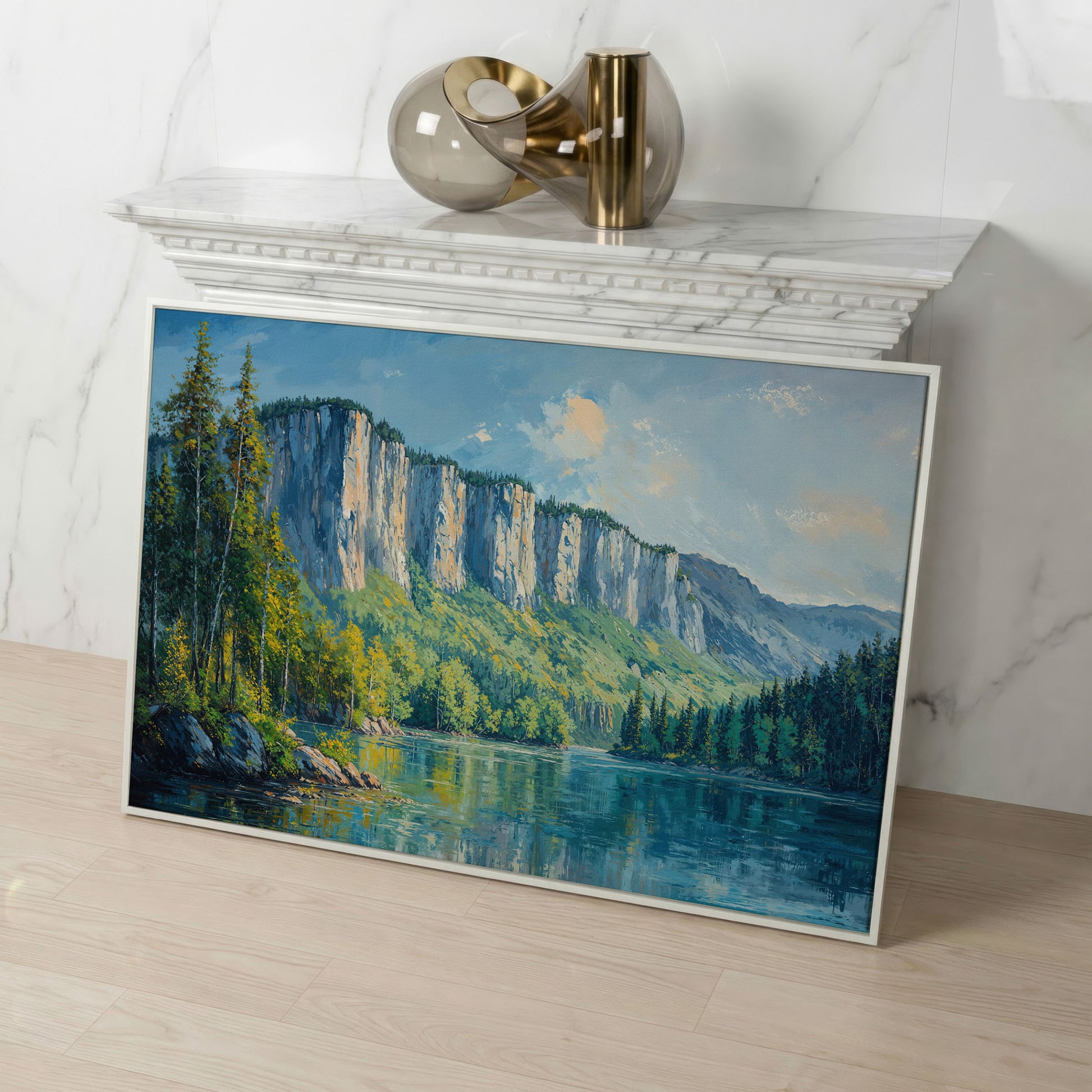 Panoramic Forest with Mountain Cliff Canvas in white floating frame