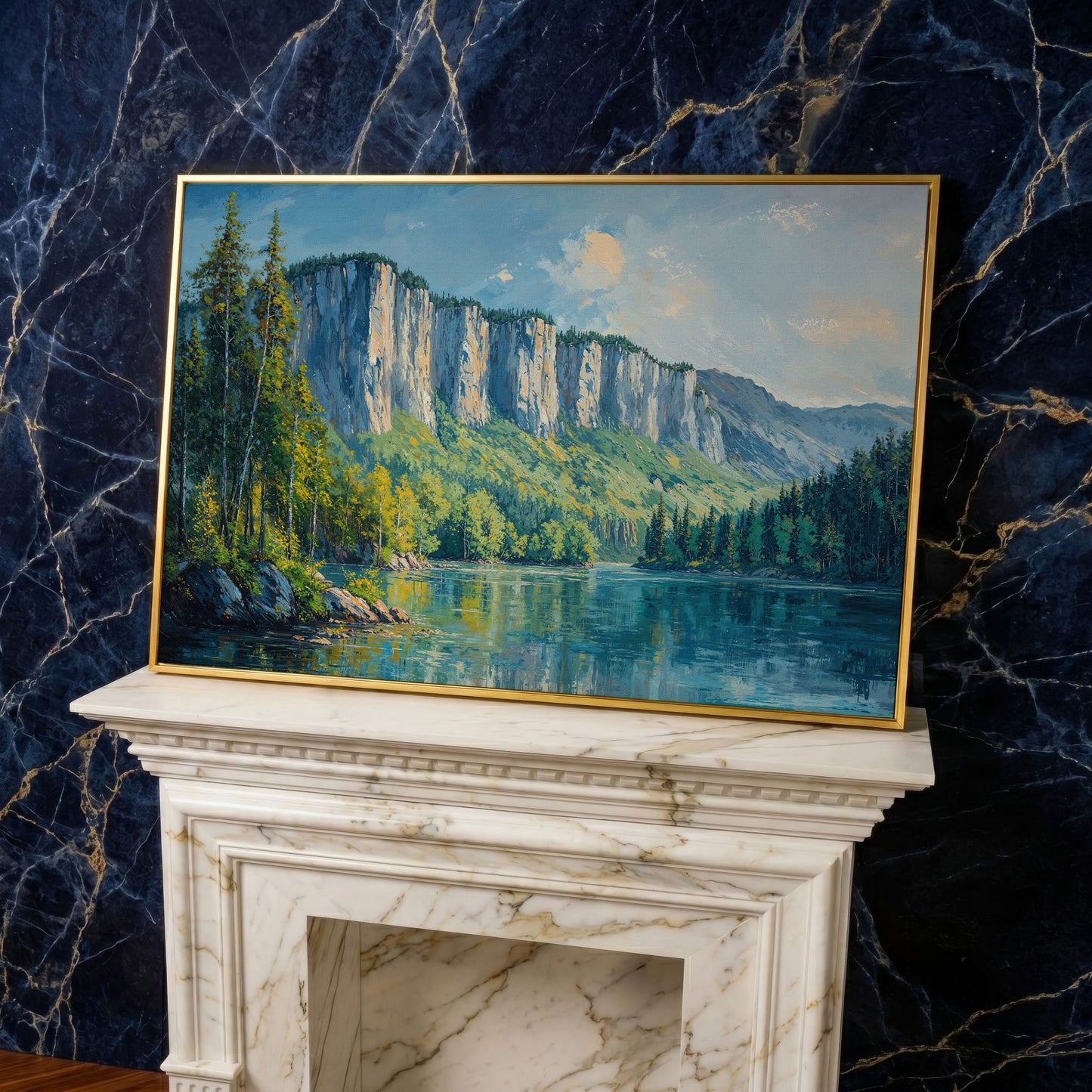 Panoramic Forest with Mountain Cliff Canvas in yellow gold floating frame