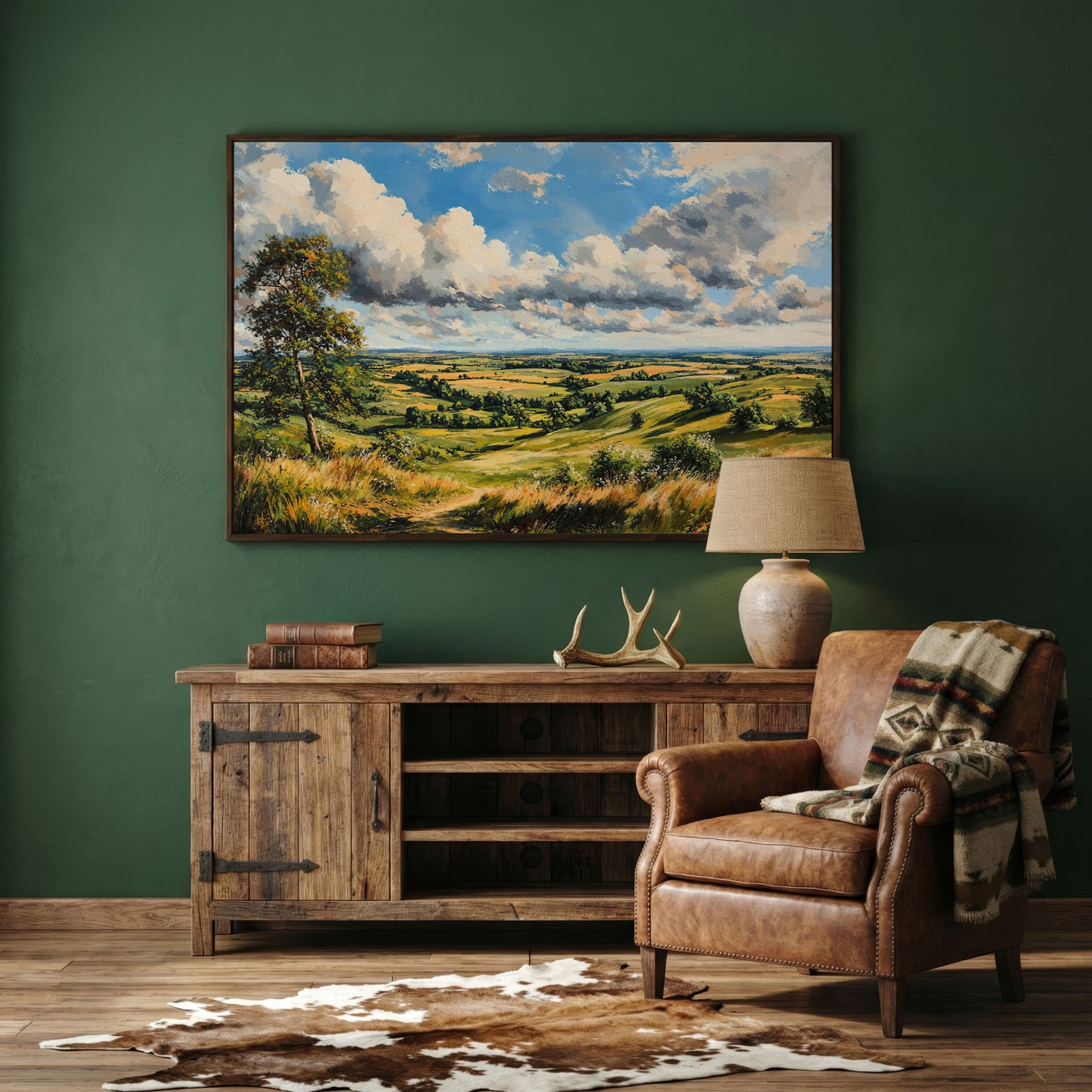 Open Fields and Rolling Hills Canvas Print in dark walnut floating frame