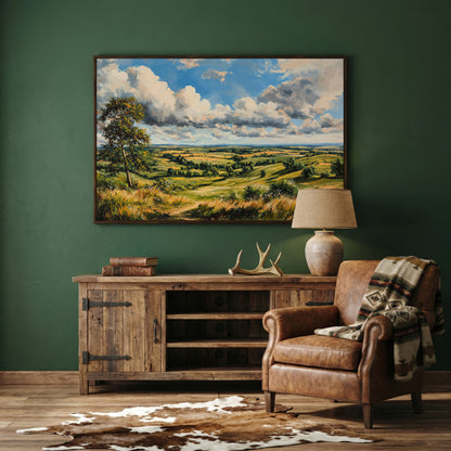 Open Fields and Rolling Hills Canvas Print in dark walnut floating frame