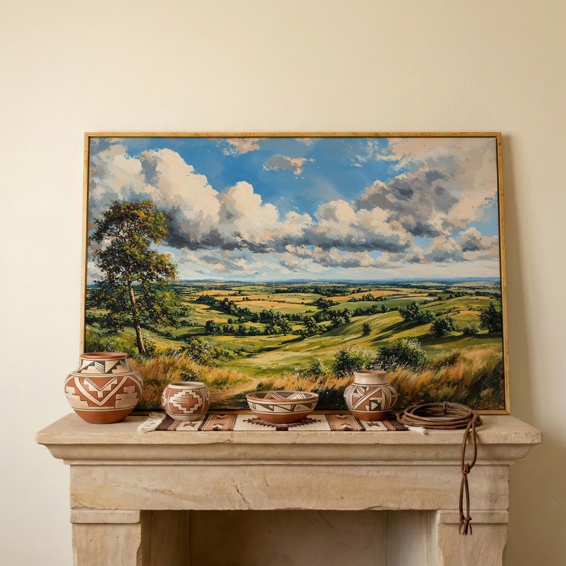 Open Fields and Rolling Hills Canvas Print in white oak floating frame