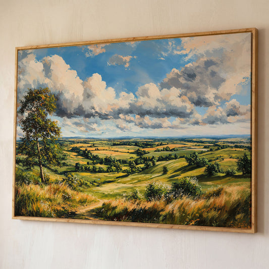 Open Fields and Rolling Hills Canvas Print shown in white oak floating frame