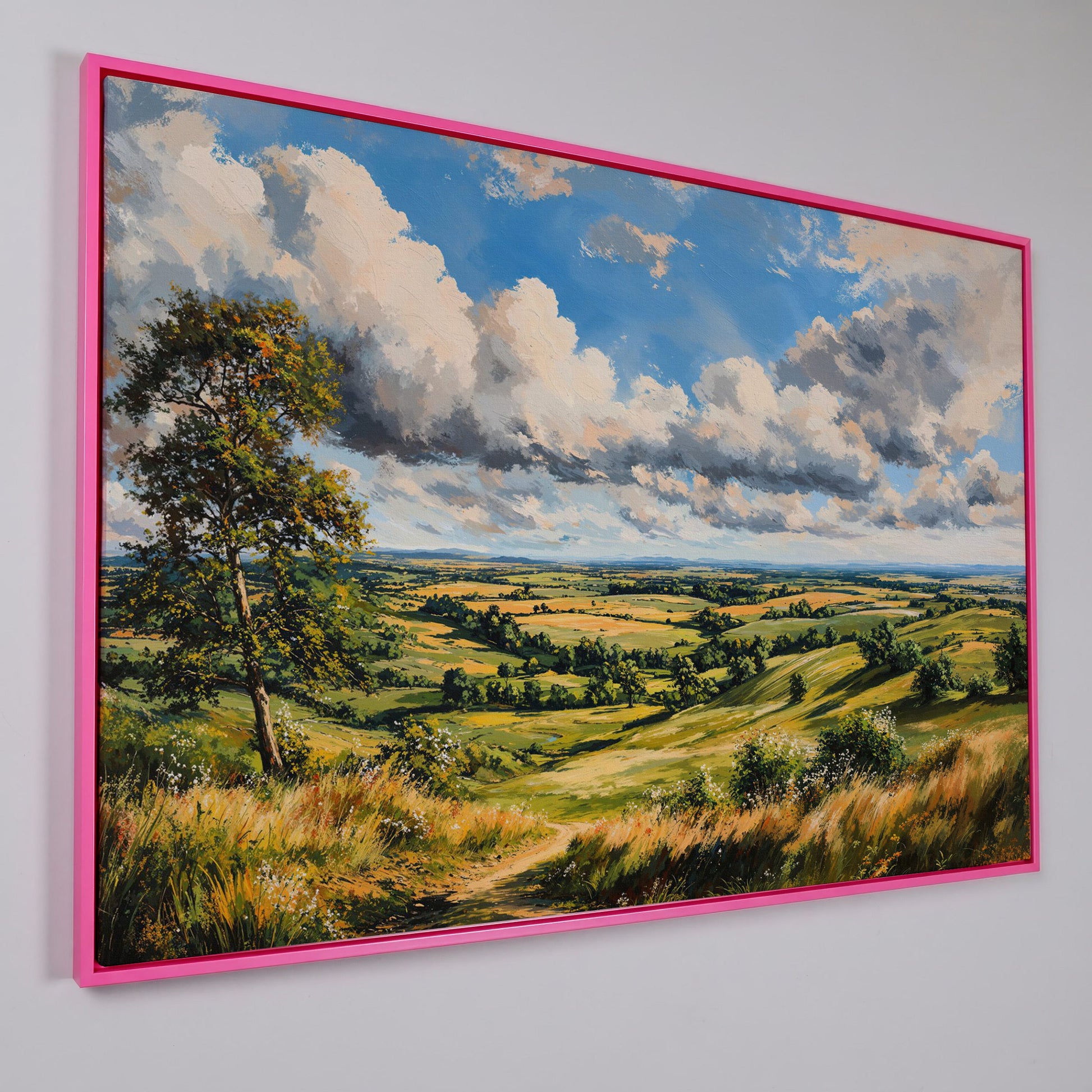 Open Fields and Rolling Hills Canvas Print in pink floating frame