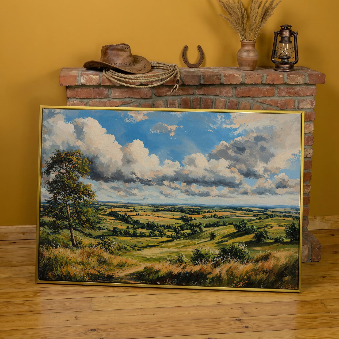 Open Fields and Rolling Hills Canvas Print in yellow gold floating frame