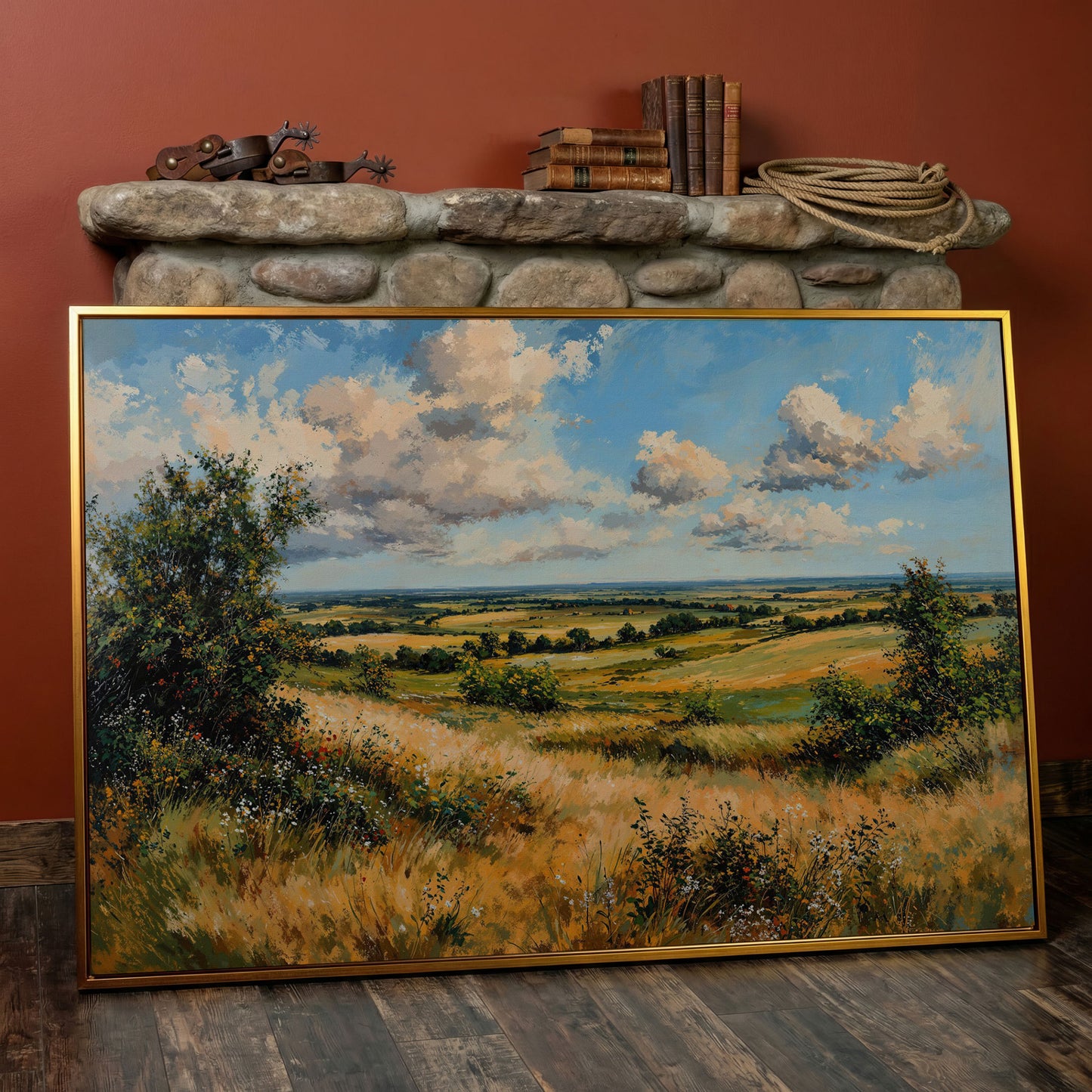 Rolling Hills and Wheat Field Canvas Print in antique gold floating frame