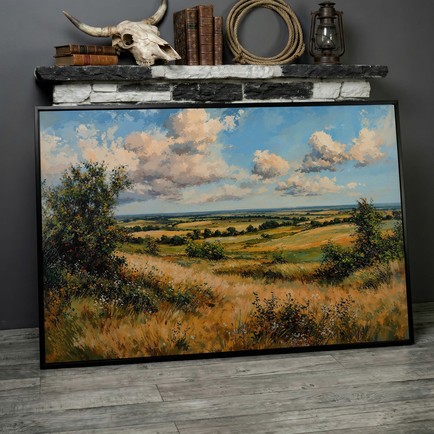 Rolling Hills and Wheat Field Canvas Print in black floating frame