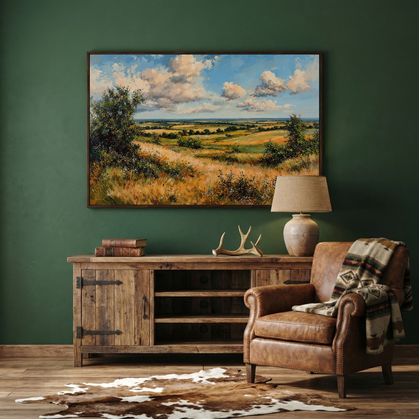 Rolling Hills and Wheat Field Canvas Print in dark walnut floating frame