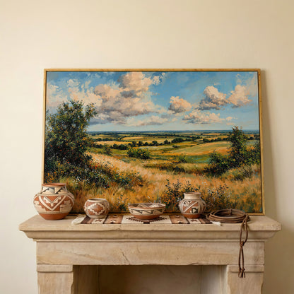 Rolling Hills and Wheat Field Canvas Print in white oak floating frame