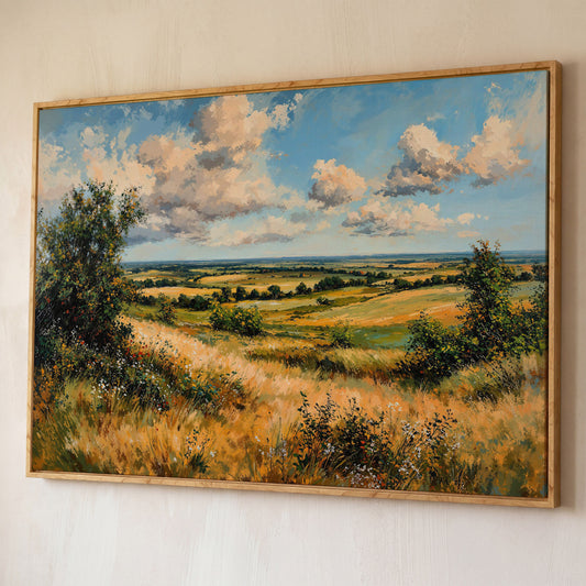Rolling Hills and Wheat Field Canvas Print shown in white oak floating frame