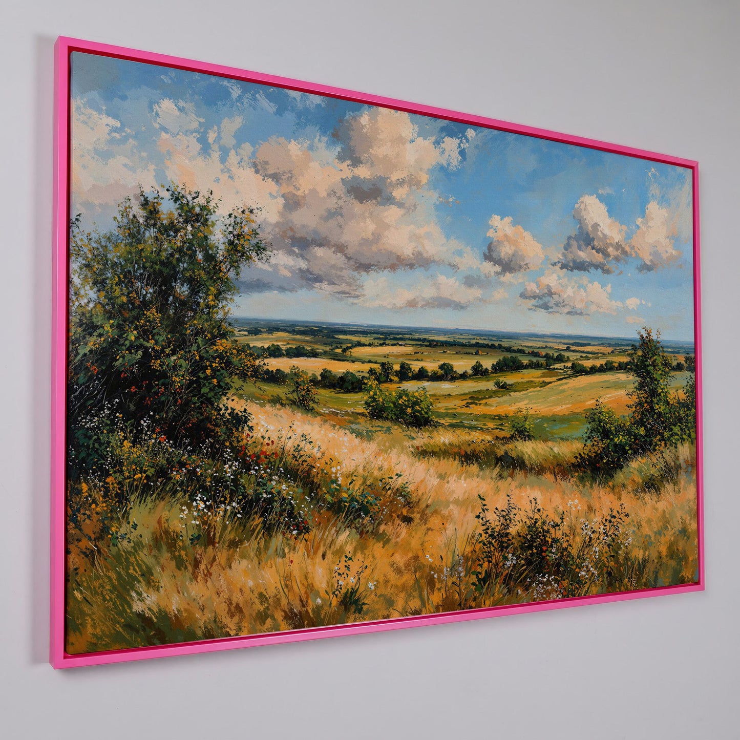Rolling Hills and Wheat Field Canvas Print in pink floating frame