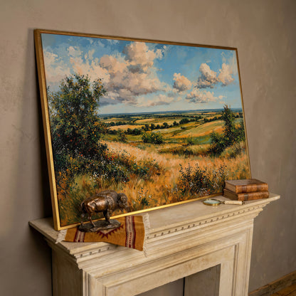 Rolling Hills and Wheat Field Canvas Print in rose gold floating frame