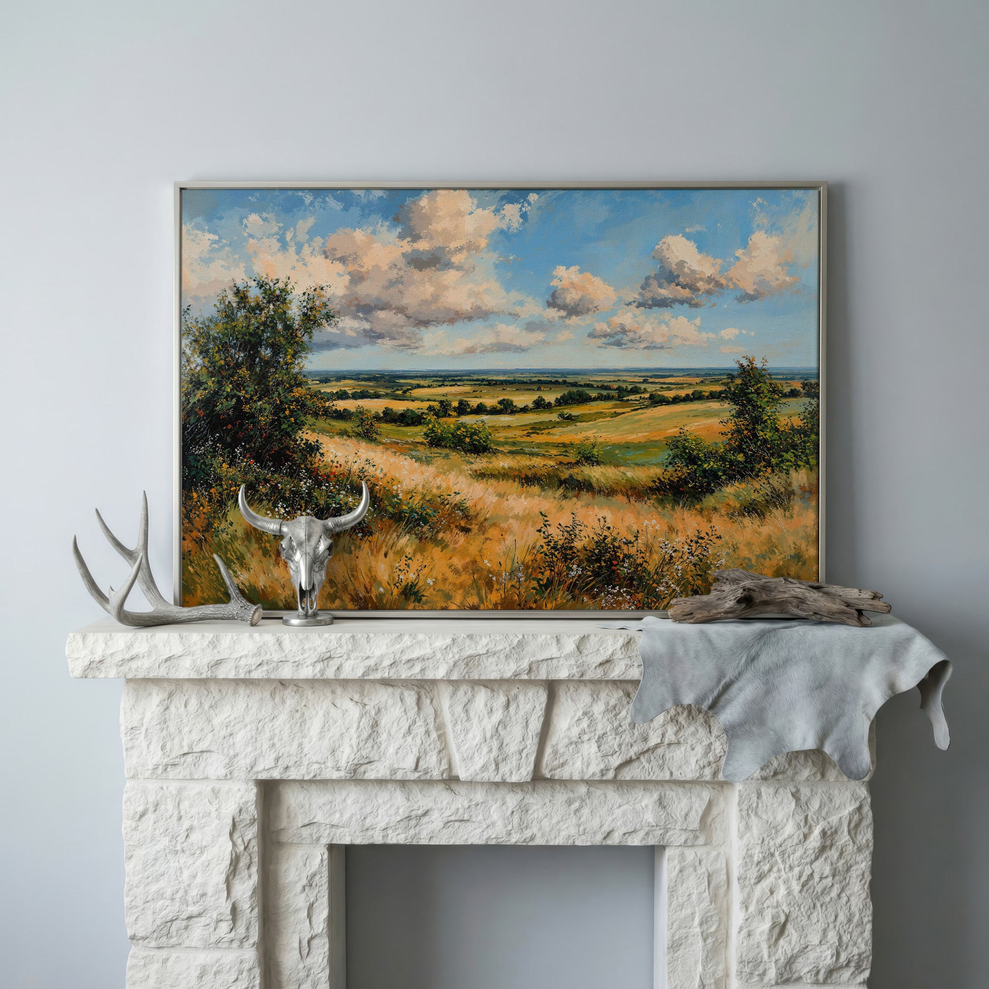 Rolling Hills and Wheat Field Canvas Print in silver floating frame