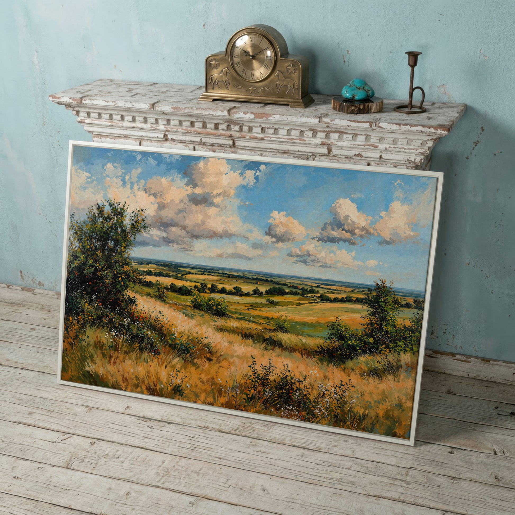 Rolling Hills and Wheat Field Canvas Print in white floating frame