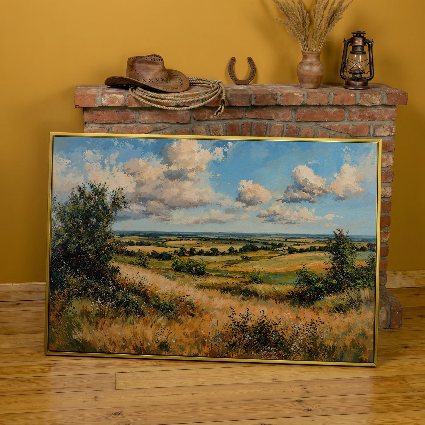 Rolling Hills and Wheat Field Canvas Print in yellow gold floating frame