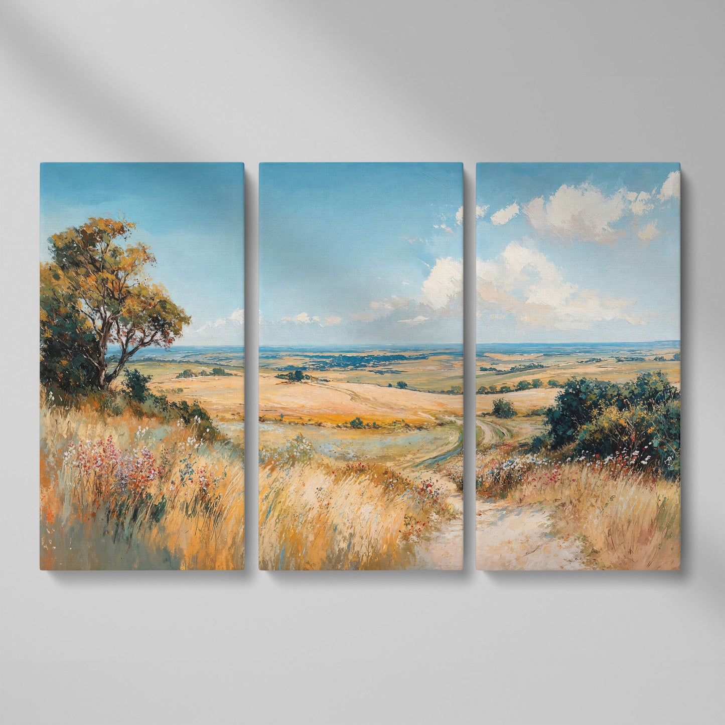 Blue Sky and Rolling Hills Summer Landscape Canvas as 3-panel split version