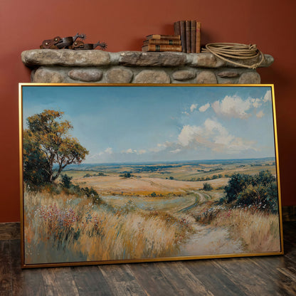 Blue Sky and Rolling Hills Summer Landscape Canvas in antique gold floating frame