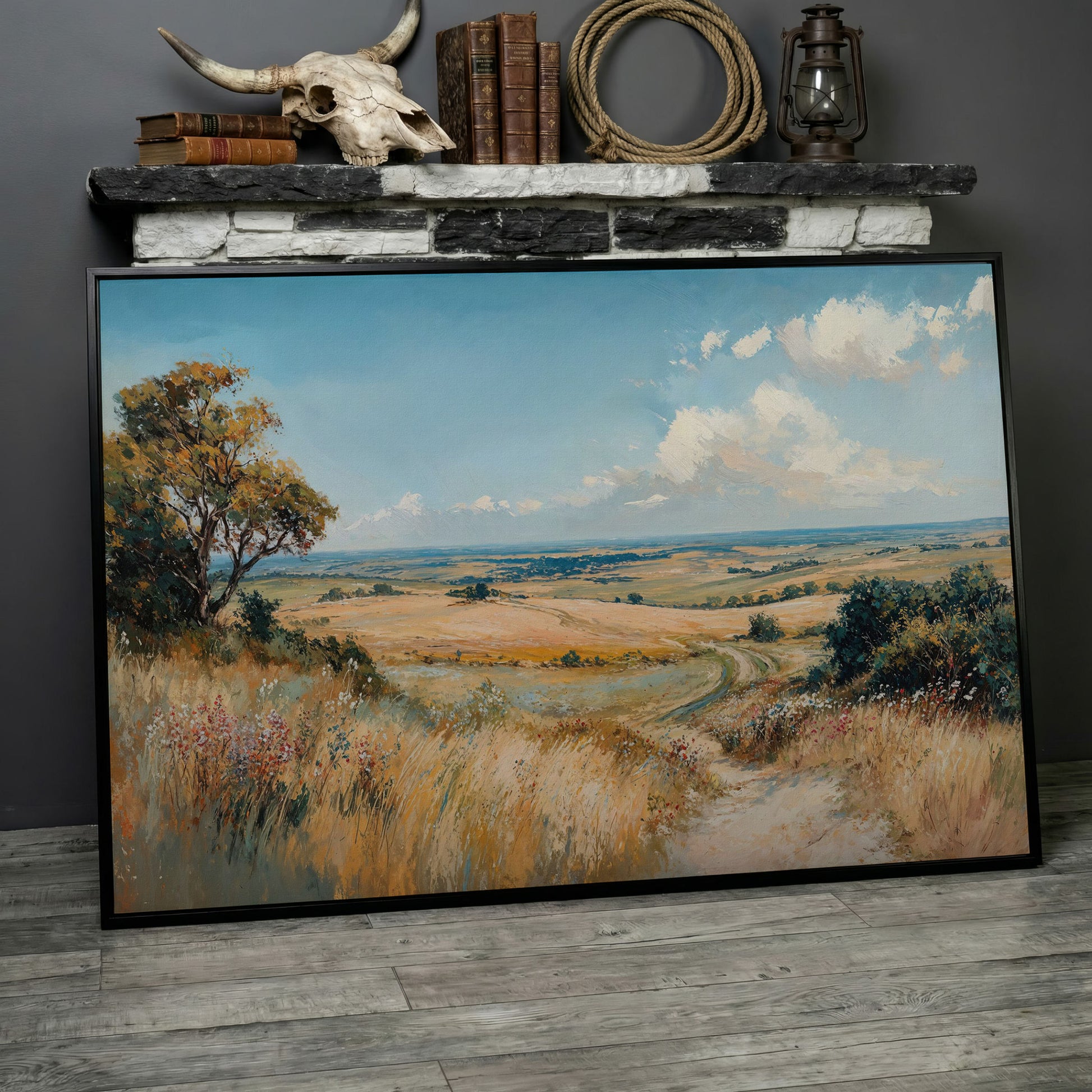 Blue Sky and Rolling Hills Summer Landscape Canvas in black floating frame
