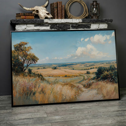Blue Sky and Rolling Hills Summer Landscape Canvas in black floating frame